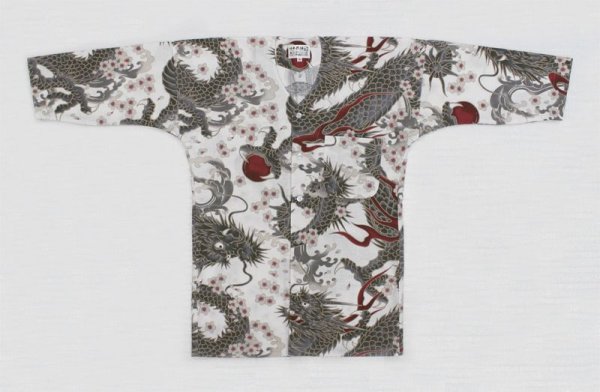 画像1: 大人用鯉口シャツ（桜と龍/白系） (1)