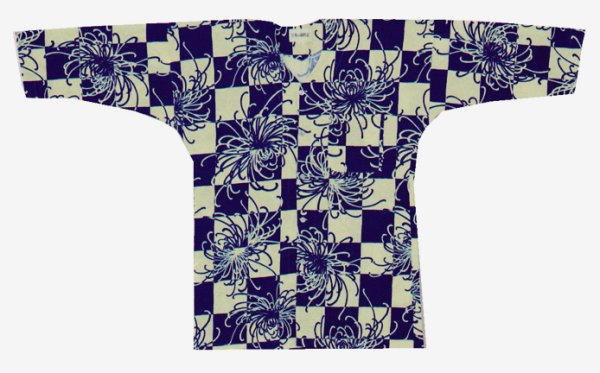 画像1: 大人用鯉口シャツ（市松に大菊）クリーム地に濃紺 (1)